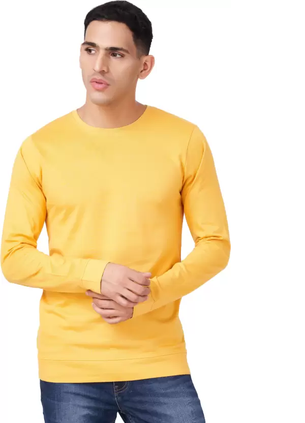 Men Solid Full Sleeves Round Neck Cotton Yellow T-Shirt (Size M)