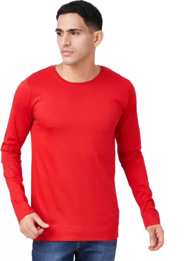 Men Solid Full Sleeves Round Neck Cotton Red T-Shirt (Size L)