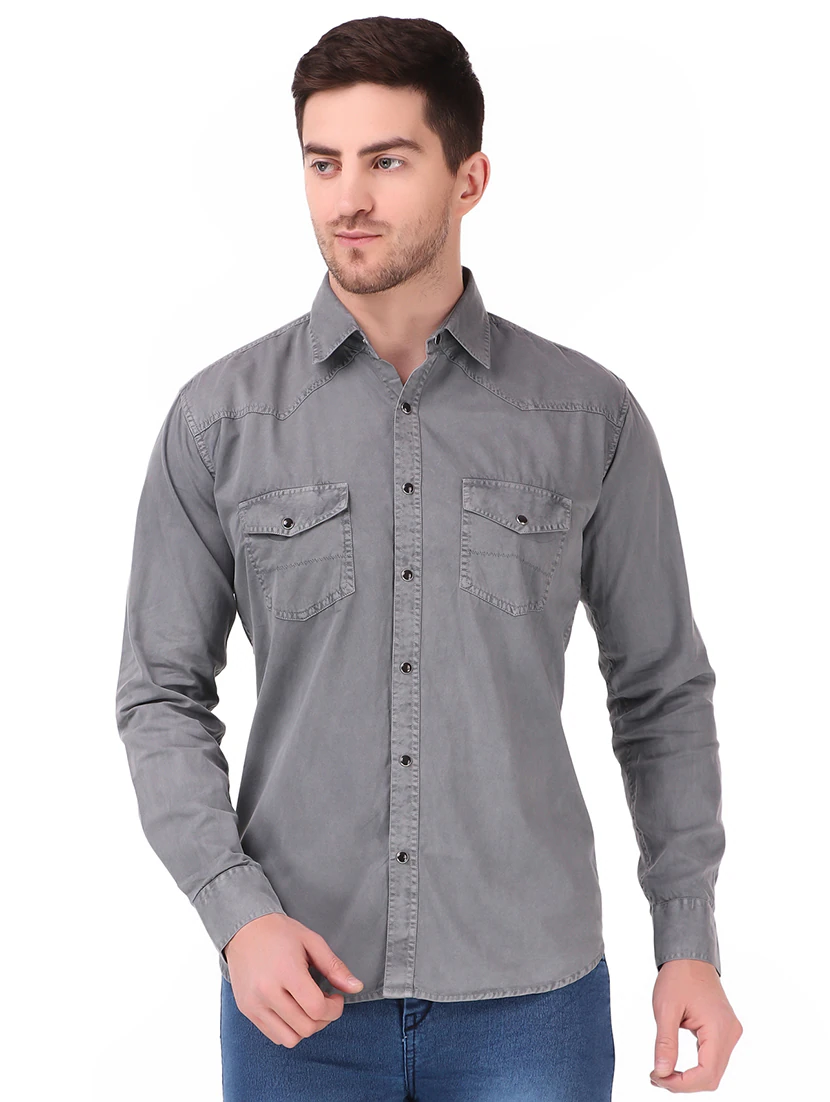 Men's Solid Slim Fit Cotton Casual Shirt GREY 4XL