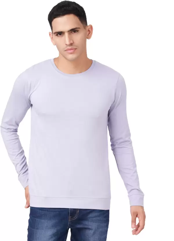 Men Solid Full Sleeves Round Neck Cotton Light Purple T-Shirt (Size M)