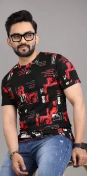 Men Printed Round Neck Polyester Red T-Shirt XL