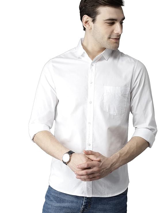 Men's Solid Slim Fit Cotton Casual Shirt WHITE 5XL