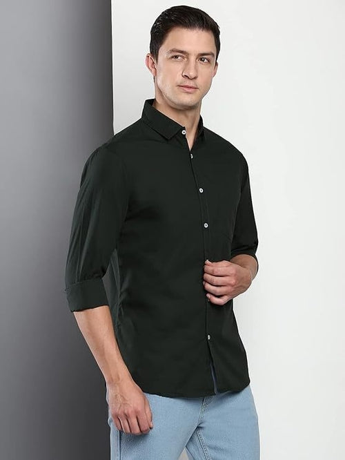 Men's Solid Slim Fit Cotton Casual Shirt SIZE-L COLOR-CHARCOAL BLACK