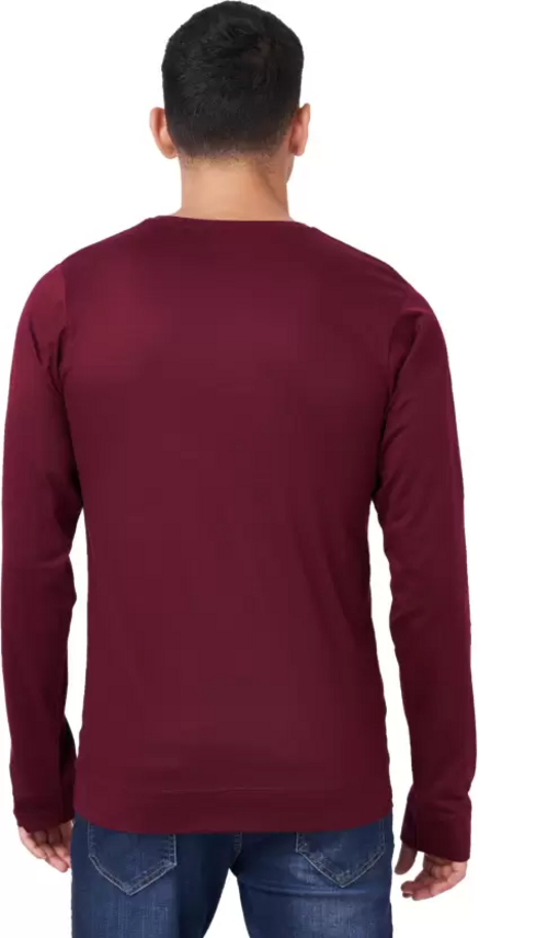 Men Solid Full Sleeves Round Neck Cotton Maroon T-Shirt (Size XL)