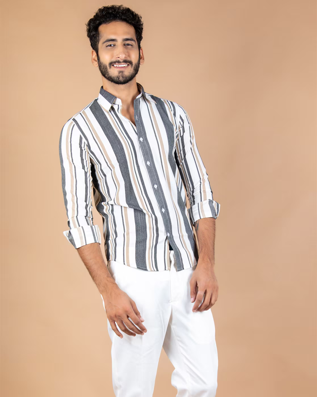 Men's Striped Shirt with Spread Collar (Color Multi) (Size XL)