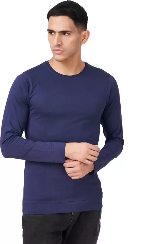 Men Solid Full Sleeves Round Neck Cotton Dark Blue T-Shirt (Size M)