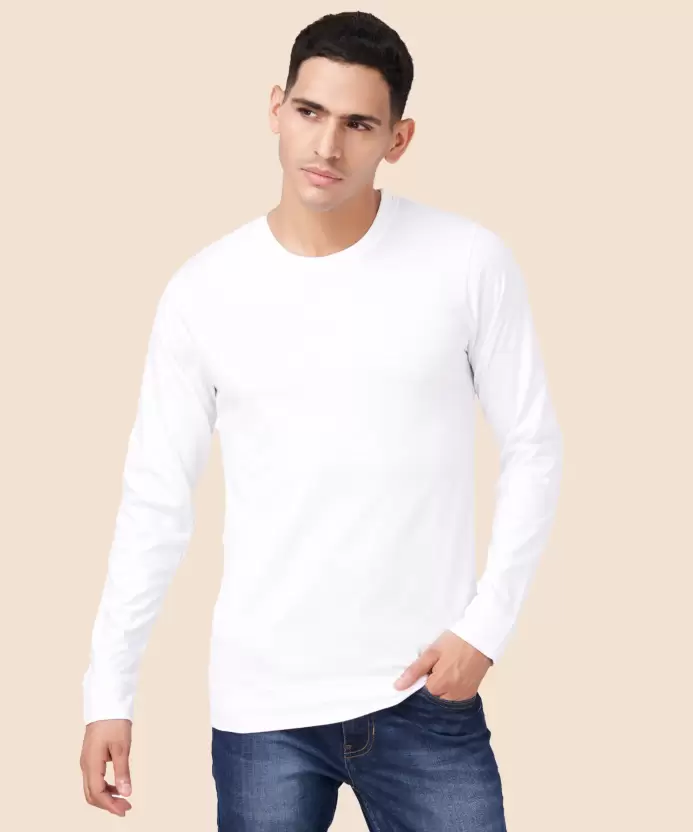 Men Solid Full Sleeves Round Neck Cotton White T-Shirt (Size M)