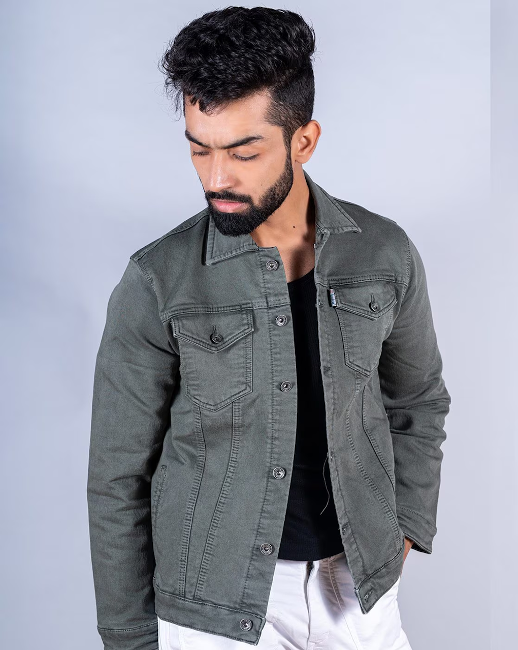 Men's Button-Closure Denim Jacket with Spread Collar (Color Olive)