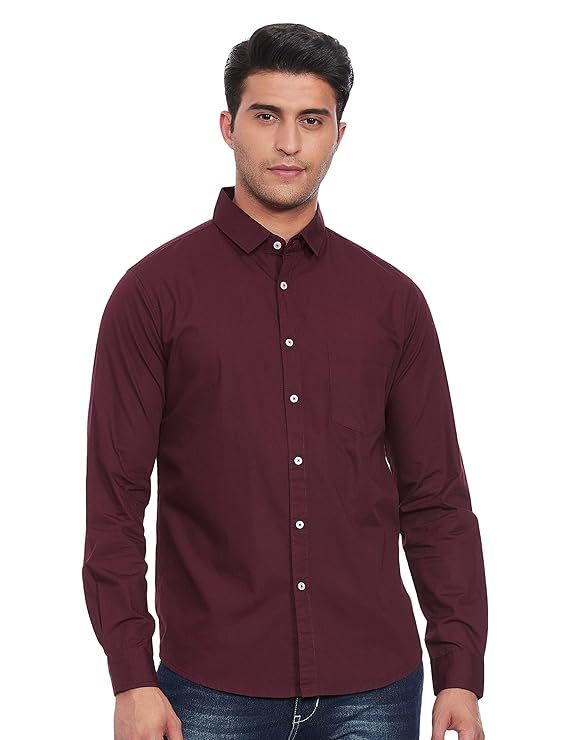 Men's Solid Slim Fit Cotton Casual Shirt SIZE-L COLOR-MAROON