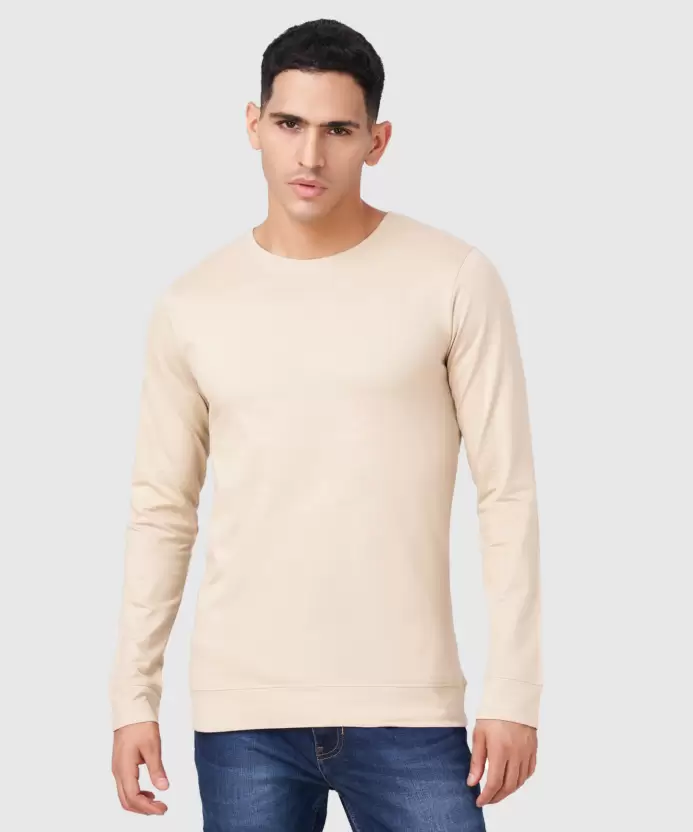 Men Solid Full Sleeves Round Neck Cotton Beige T-Shirt (Size M)