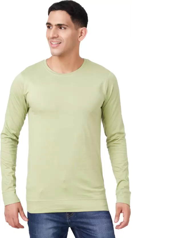 Men Solid Full Sleeves Round Neck Cotton Light Green T-Shirt (Size M)