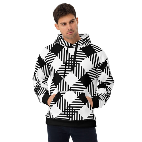 Mens Graphic Hoodie, Black and White Plaid Print