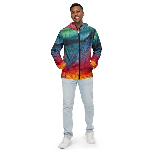 Mens Hooded Windbreaker Jacket, Multicolor Abstract Pattern