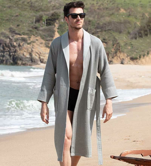 Men's Full Length Lightweight Waffle Spa Robe with Shawl Collar