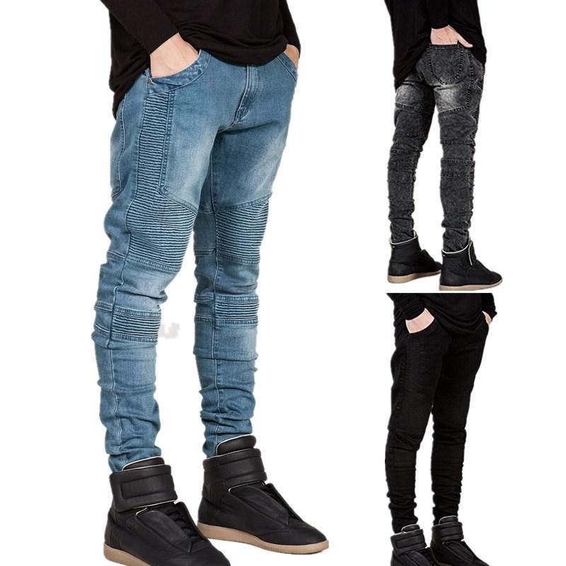 Mens Jeans Deim Trousers Slim Fit Stretch Pintunck Denim Pants Biker