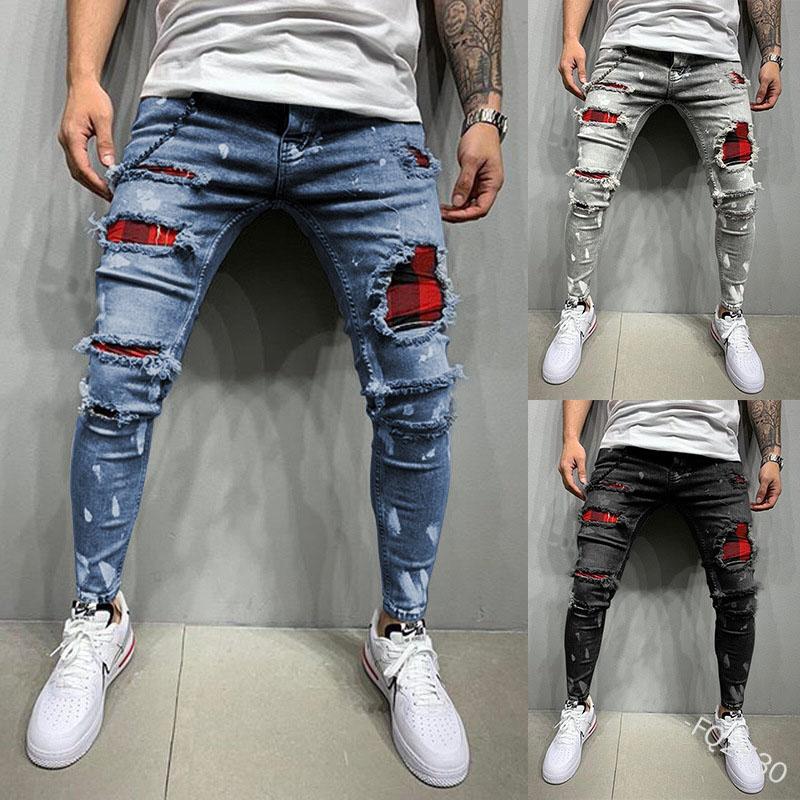 Men's Skinny jeans Casual Slim Painted Jeans Denim Knee Hole Patchwork